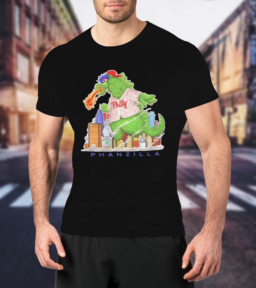 Phillie Phanatic Phanzilla Cityscape Fire Breathing Baseball T-Shirt