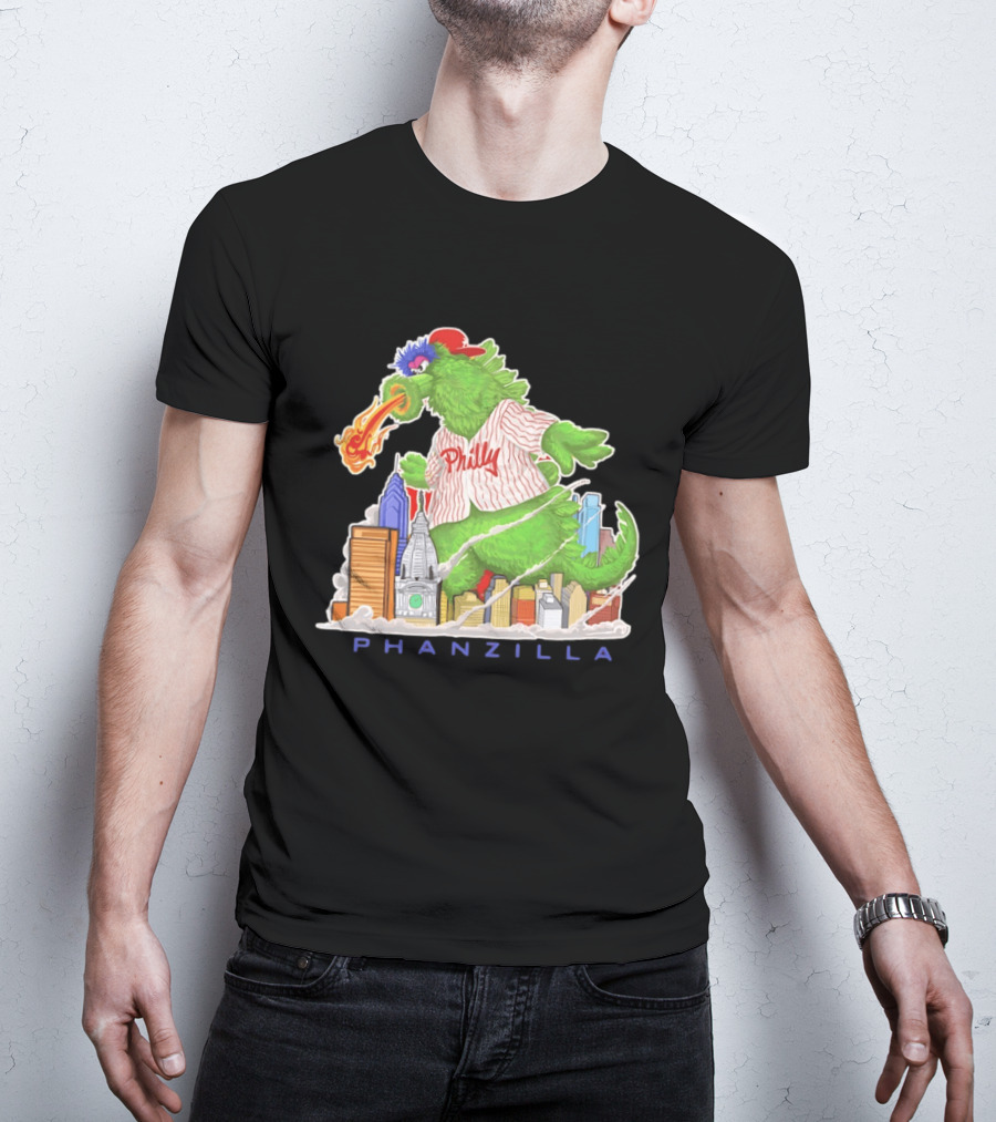 Phillie Phanatic Phanzilla Cityscape Fire Breathing Baseball T-Shirt