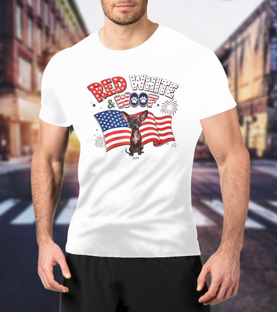Chihuahua Red White And Woof US Flag Fireworks Celebration T-Shirt