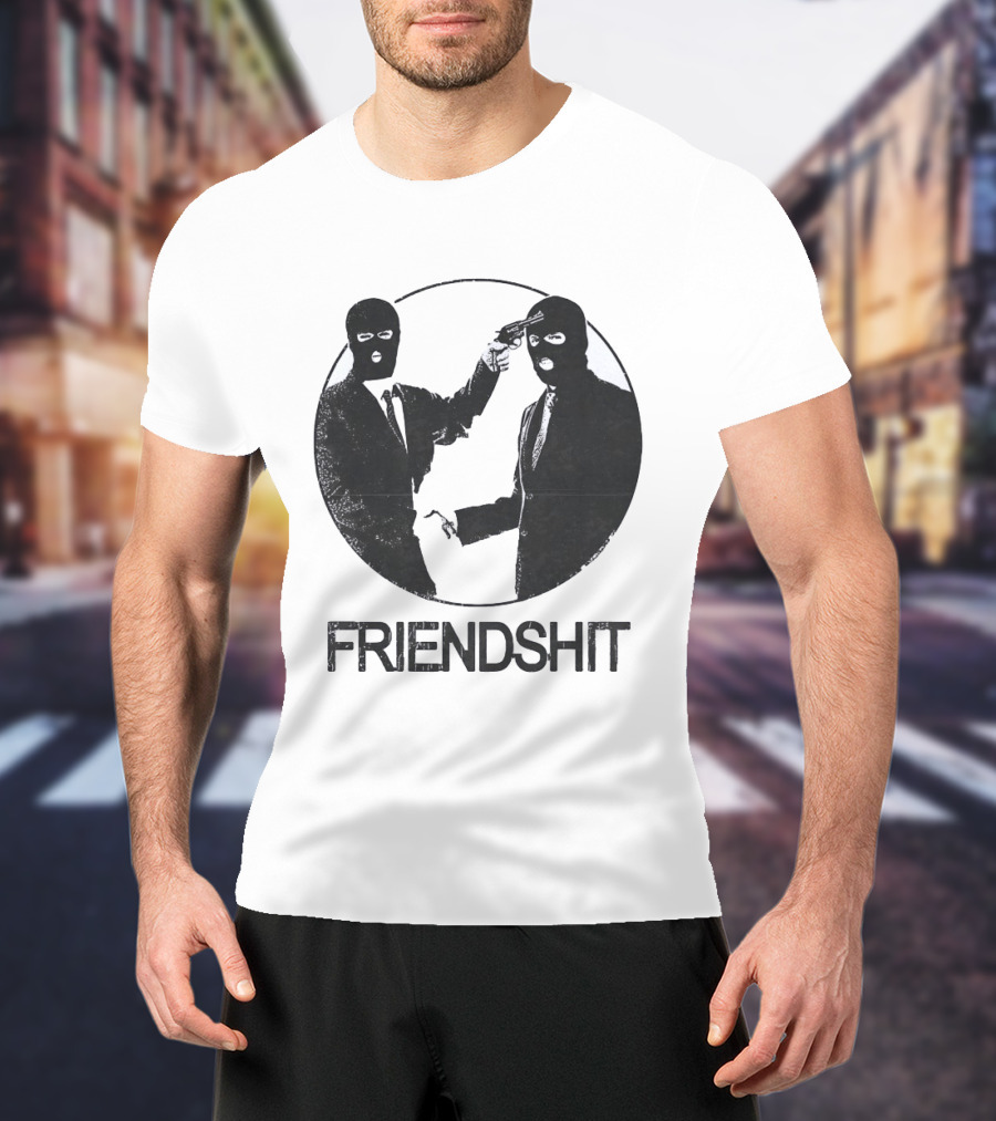 FRIENDSHIT Ski Mask Men Handshaking Gun Gesture T-Shirt