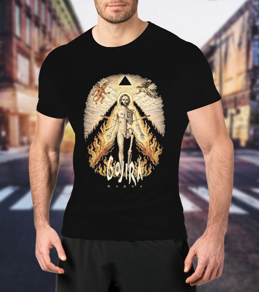 Gojira Magma Half Skeleton Half Human Devil Angel Flames Pyramid T-Shirt