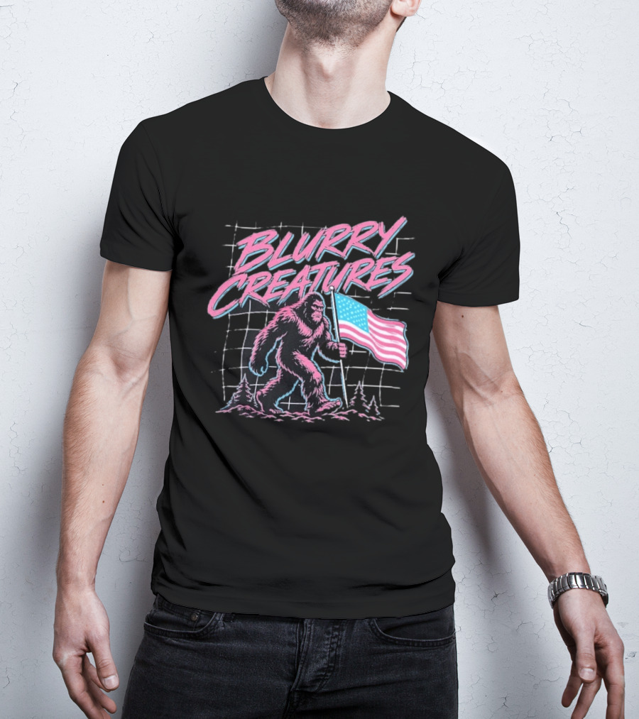 Blurry Creatures Bigfoot Holding American Flag With Retro Grid T-Shirt