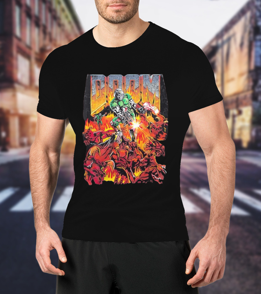 Doom Marine Warren Lotas Retro Video Game Demon Slayer Action Scene T-Shirt
