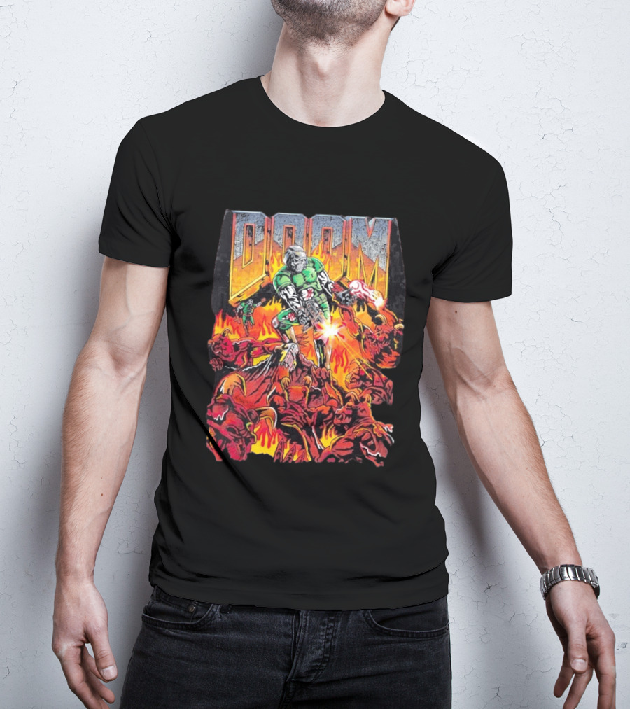 Doom Marine Warren Lotas Retro Video Game Demon Slayer Action Scene T-Shirt