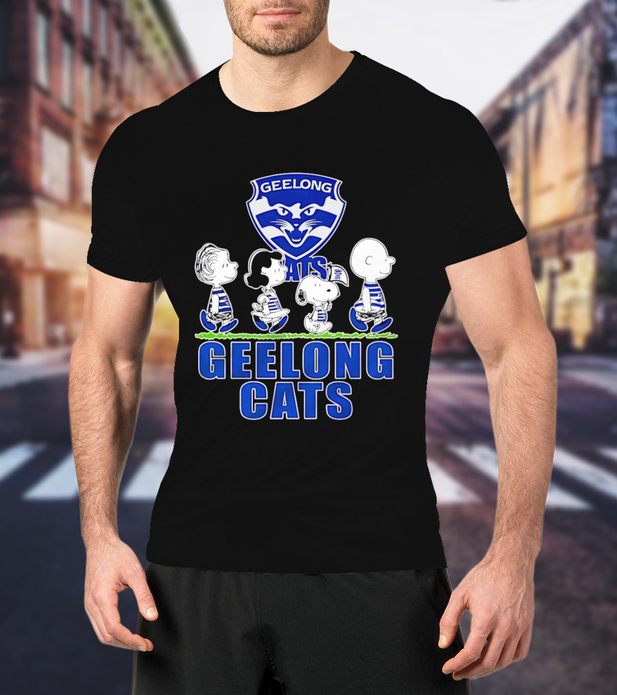 Peanuts Snoopy Charlie Brown Lucy Schroeder Geelong Cats AFL Fan T-Shirt