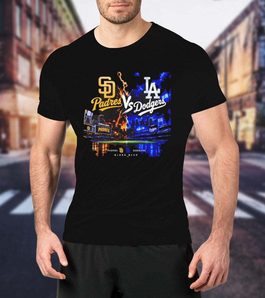 San Diego Padres Vs Los Angeles Dodgers Bleed Blue Petco Park Stadium Lightning T-Shirt