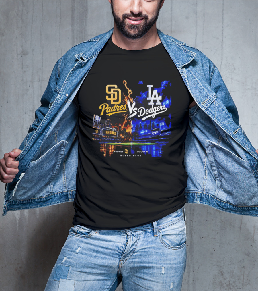 San Diego Padres Vs Los Angeles Dodgers Bleed Blue Petco Park Stadium Lightning T-Shirt