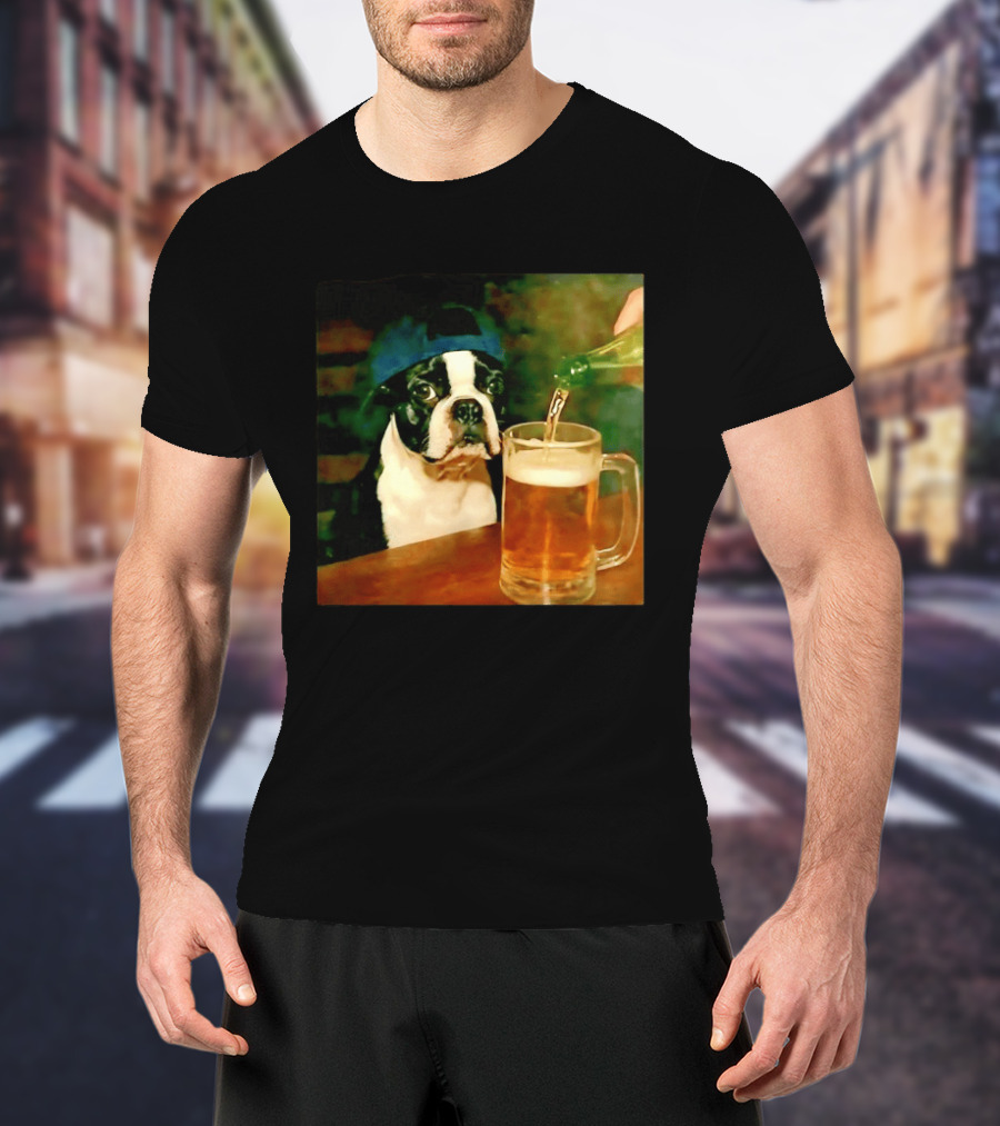 Boston Terrier Baseball Cap Drinking Beer T-Shirt