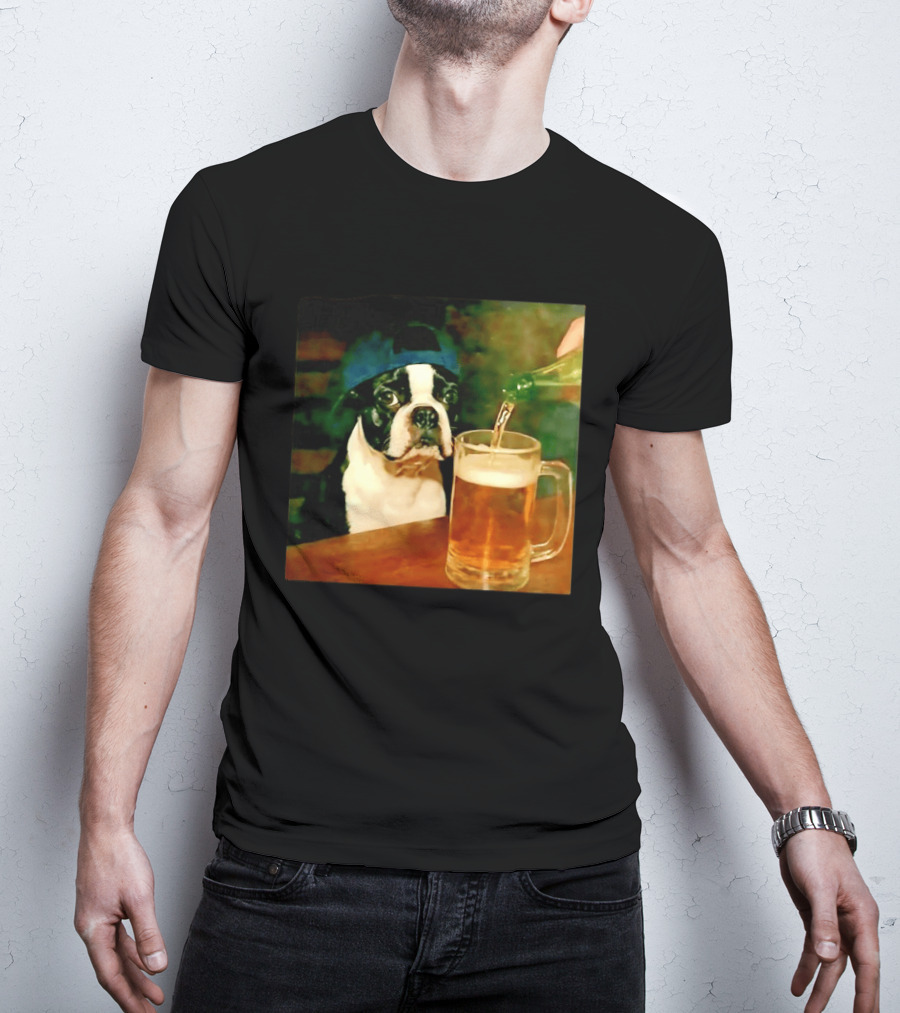 Boston Terrier Baseball Cap Drinking Beer T-Shirt