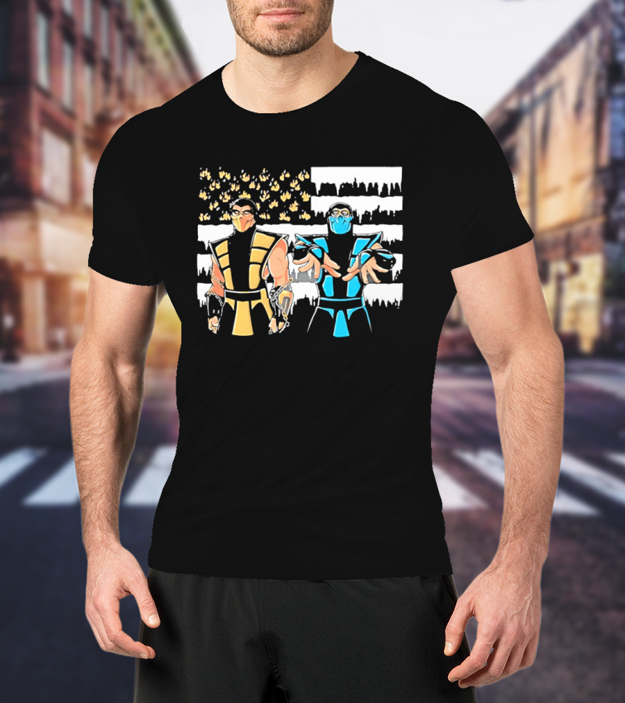 Mortal Kombat Scorpion Sub Zero Fire Ice American Flag T-Shirt