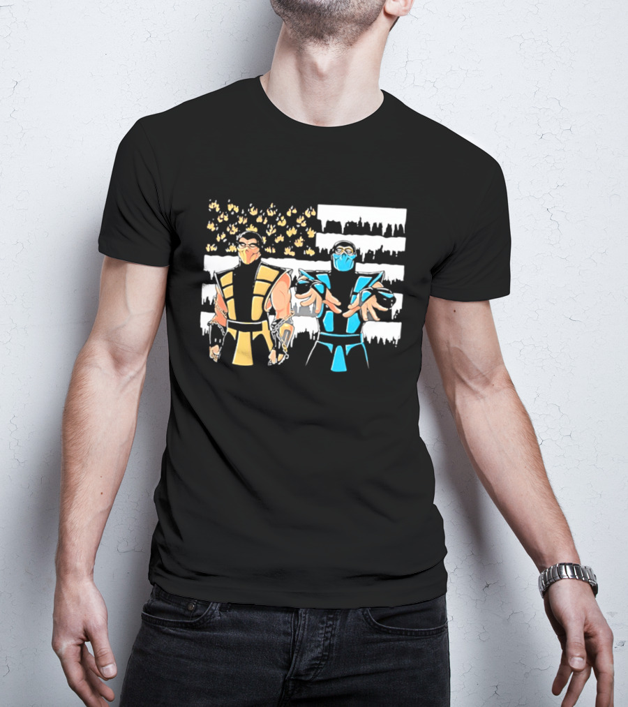 Mortal Kombat Scorpion Sub Zero Fire Ice American Flag T-Shirt