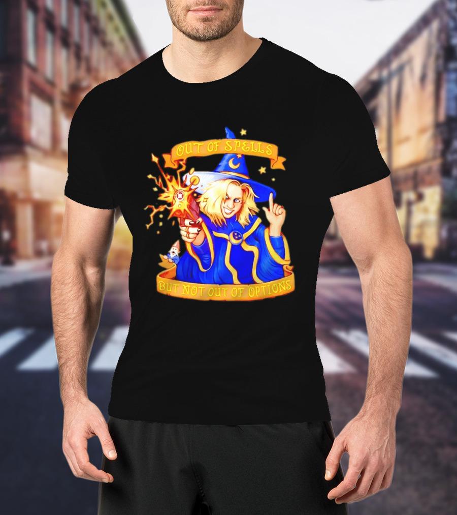 Greg The Sorcerer Out Of Spells Not Out Of Options Enchanting Wizard With Wand And Magic Aura T-Shirt