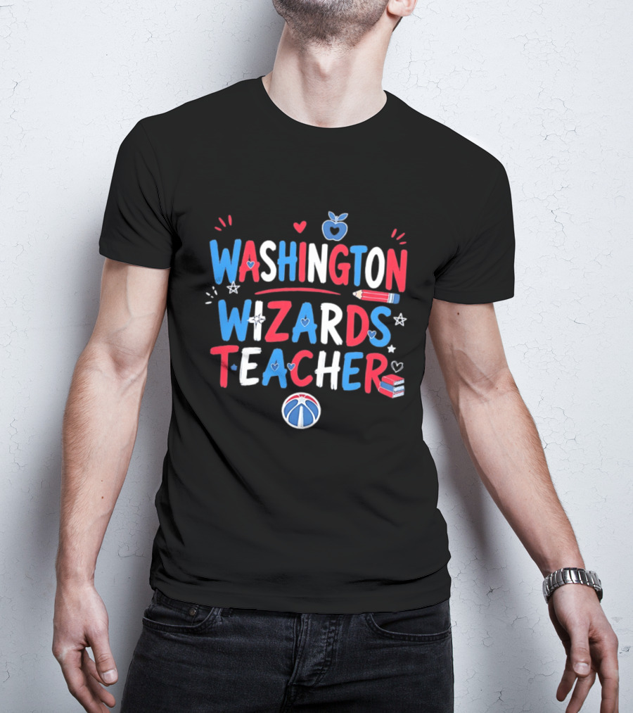 Washington Wizards Teacher Apple Pencil Heart Basketball T-Shirt