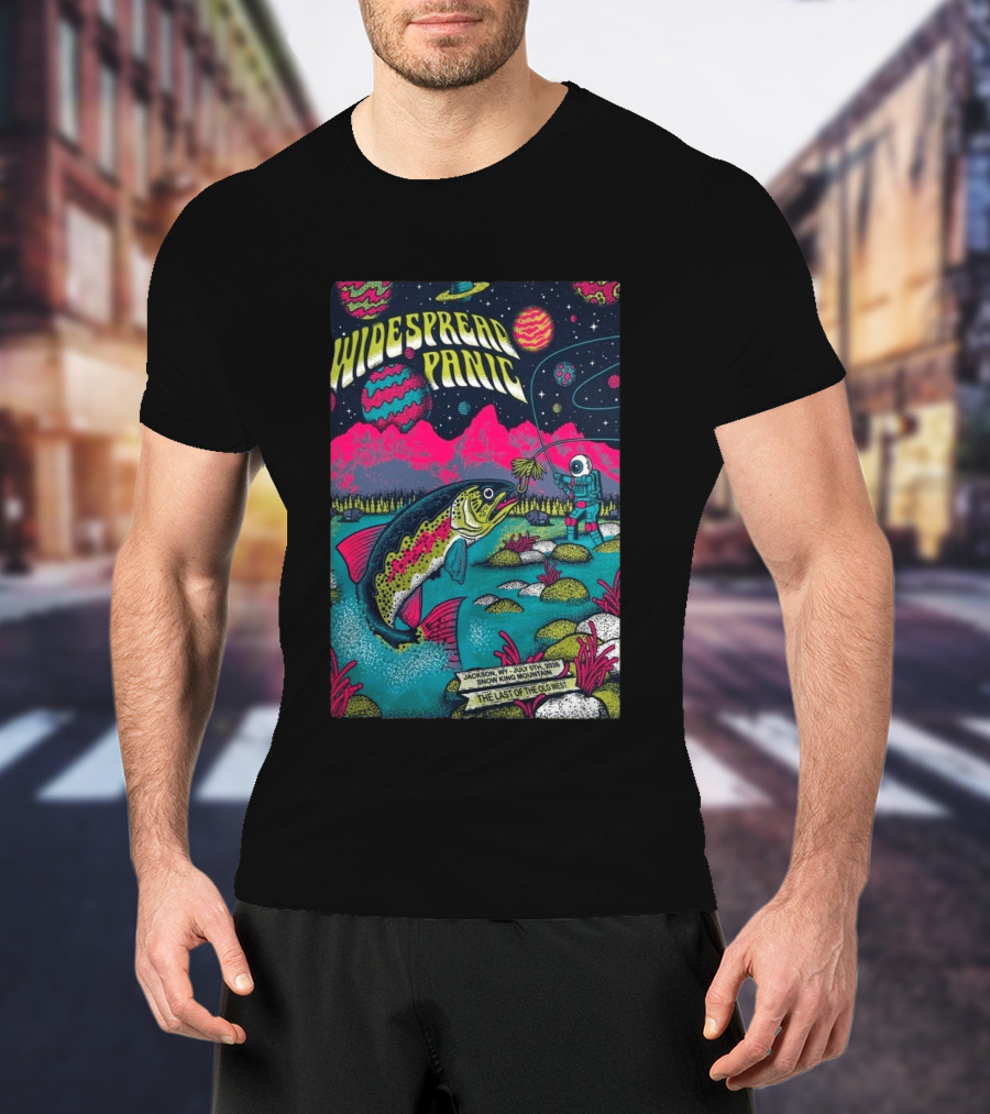 Widespread Panic Jul 5 2026 Snow King Mountain Jackson WY Cosmic Fishing Astronaut And Giant Fish Fantasy Scene T-Shirt