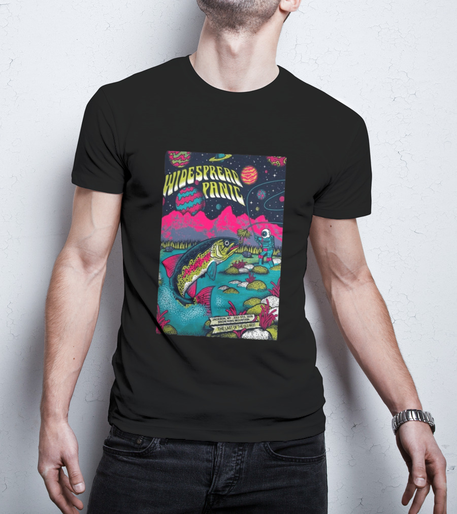 Widespread Panic Jul 5 2026 Snow King Mountain Jackson WY Cosmic Fishing Astronaut And Giant Fish Fantasy Scene T-Shirt
