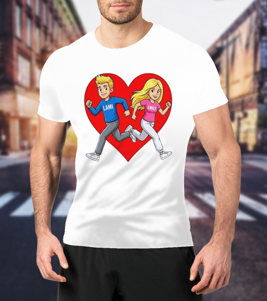 Lami And Emily Cartoon Couple Running With Heart T-Shirt