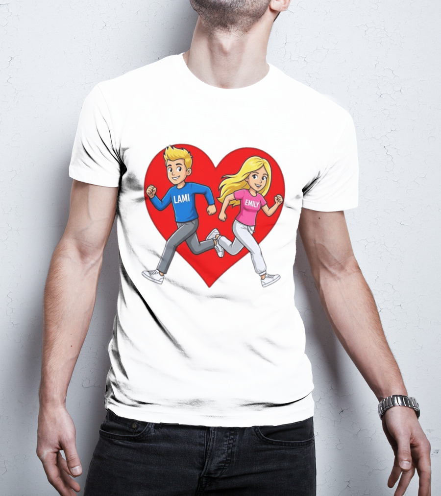 Lami And Emily Cartoon Couple Running With Heart T-Shirt