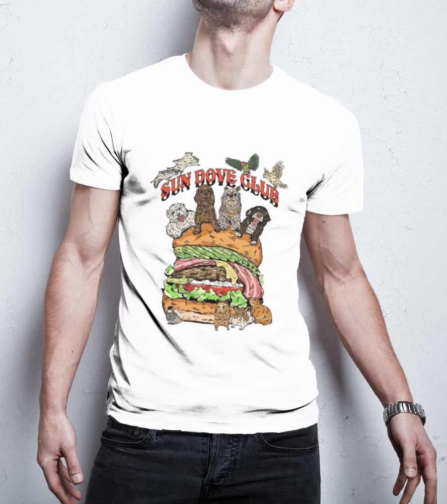 Sun Dove Club Animals On Giant Burger With Dogs And Birds T-Shirt