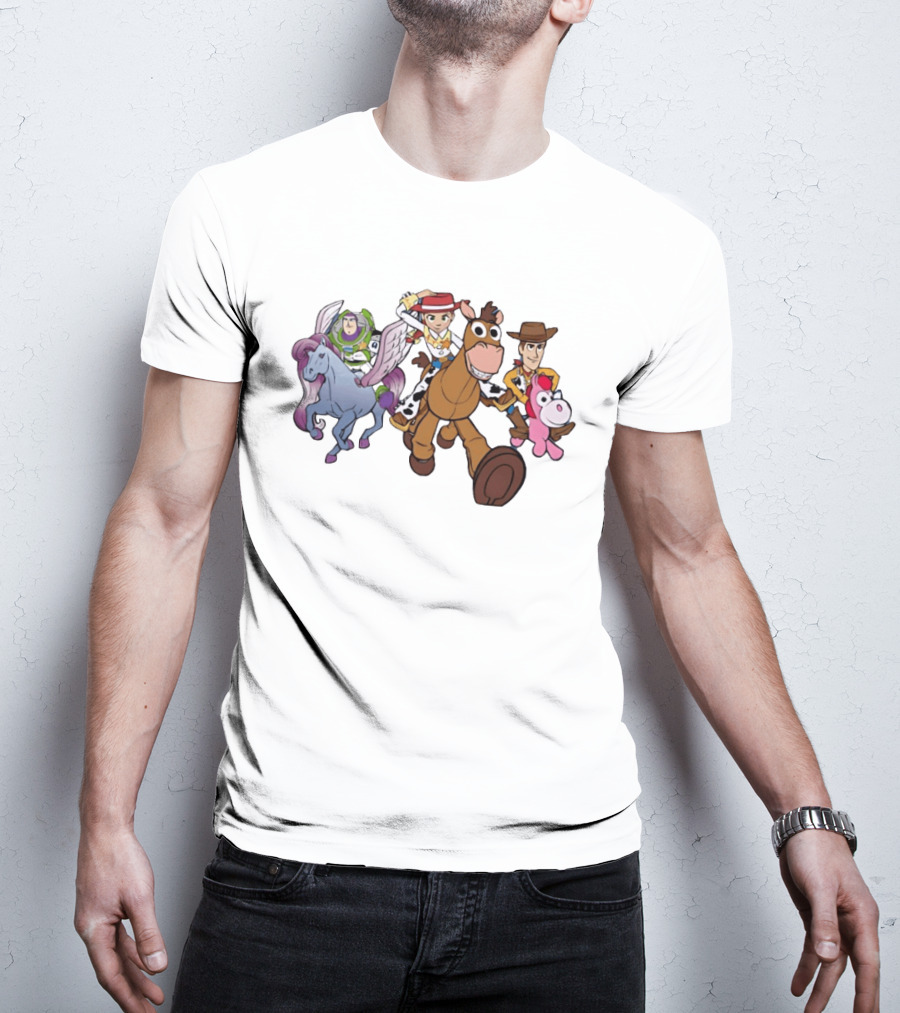 Buzz Lightyear Jessie Bullseye Woody And Buttercup Unicorn Toy Story Characters Running T-Shirt