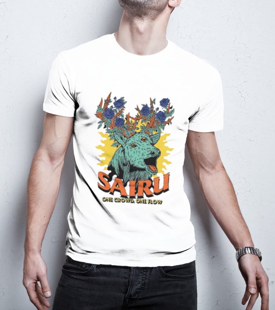 Sairu One Crowd One Flow Deer With Blue Roses Horns T-Shirt