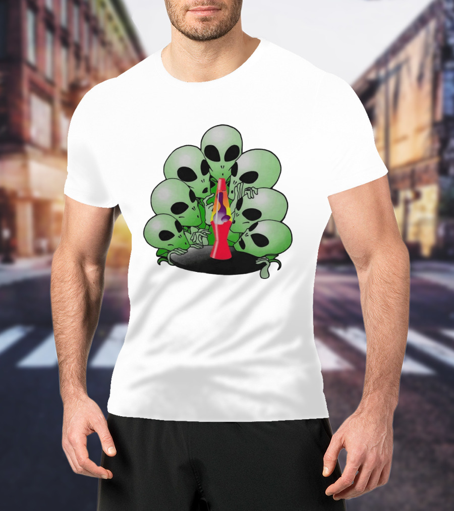 Aliens Gathering Around Colorful Lava Lamp T-Shirt