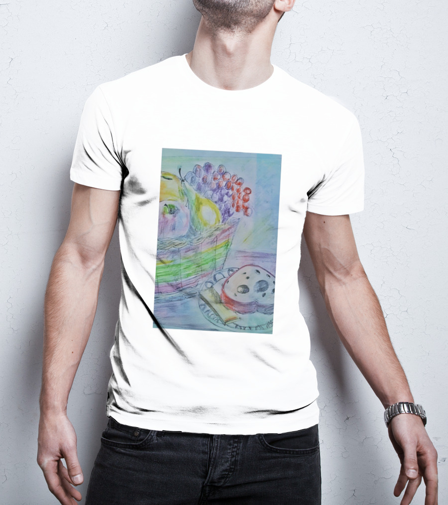 Fruit Basket Bagel Still Life Drawing Pears Apples Grapes Bread T-Shirt