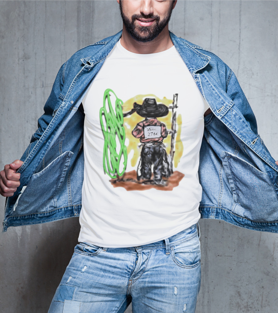 Vnere 2766 Cowboy Vintage Western Art With Hat And Fence T-Shirt
