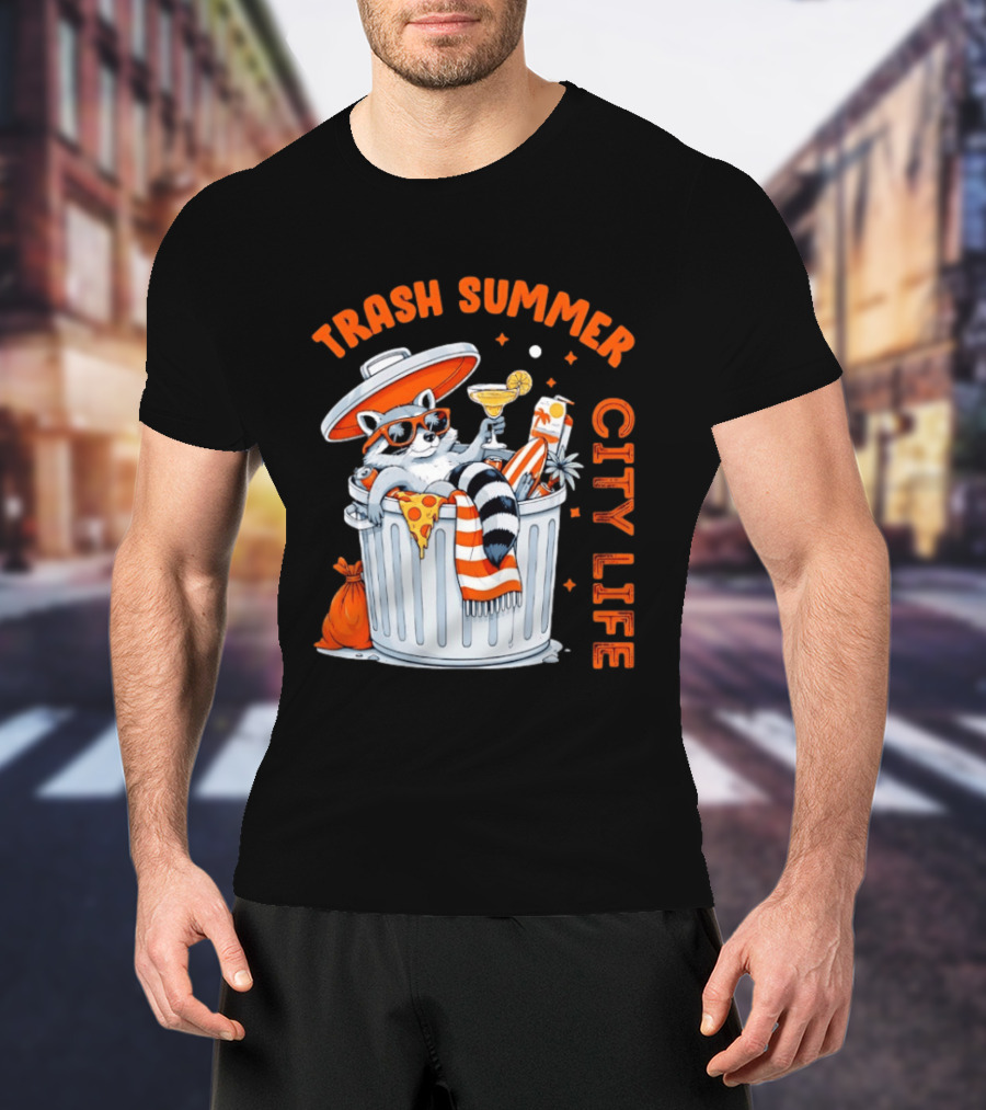 Trash Summer City Life Raccoon Enjoying Urban Vibes With Pizza And Martini T-Shirt