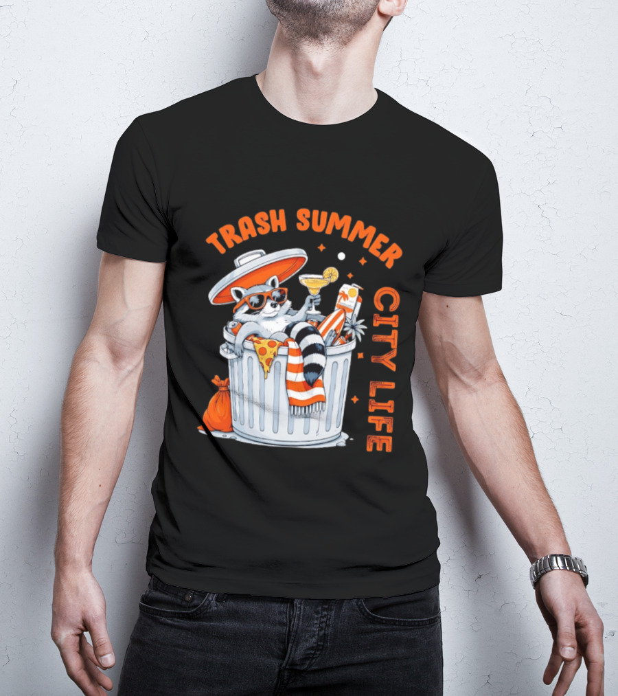Trash Summer City Life Raccoon Enjoying Urban Vibes With Pizza And Martini T-Shirt
