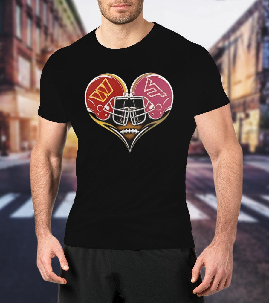 Washington Commanders Virginia Tech Hokies Helmet Heart Dual Team Spirit T-Shirt