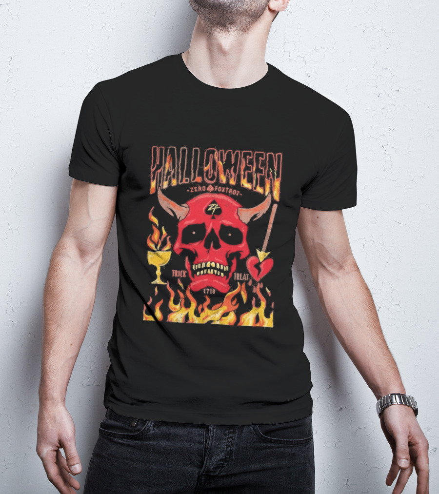 Zero Foxtrot Halloween No Quarter Flaming Demon Skull T-Shirt