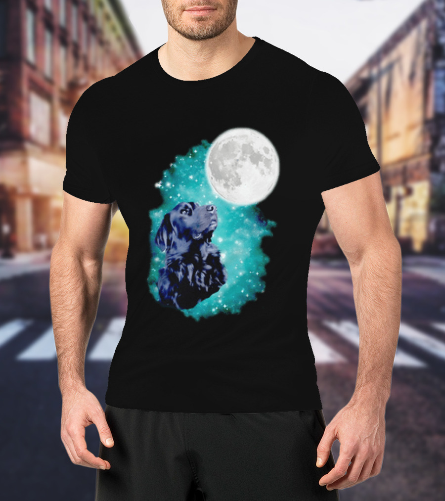 Black Dog Under Moon In Galaxy Space T-Shirt