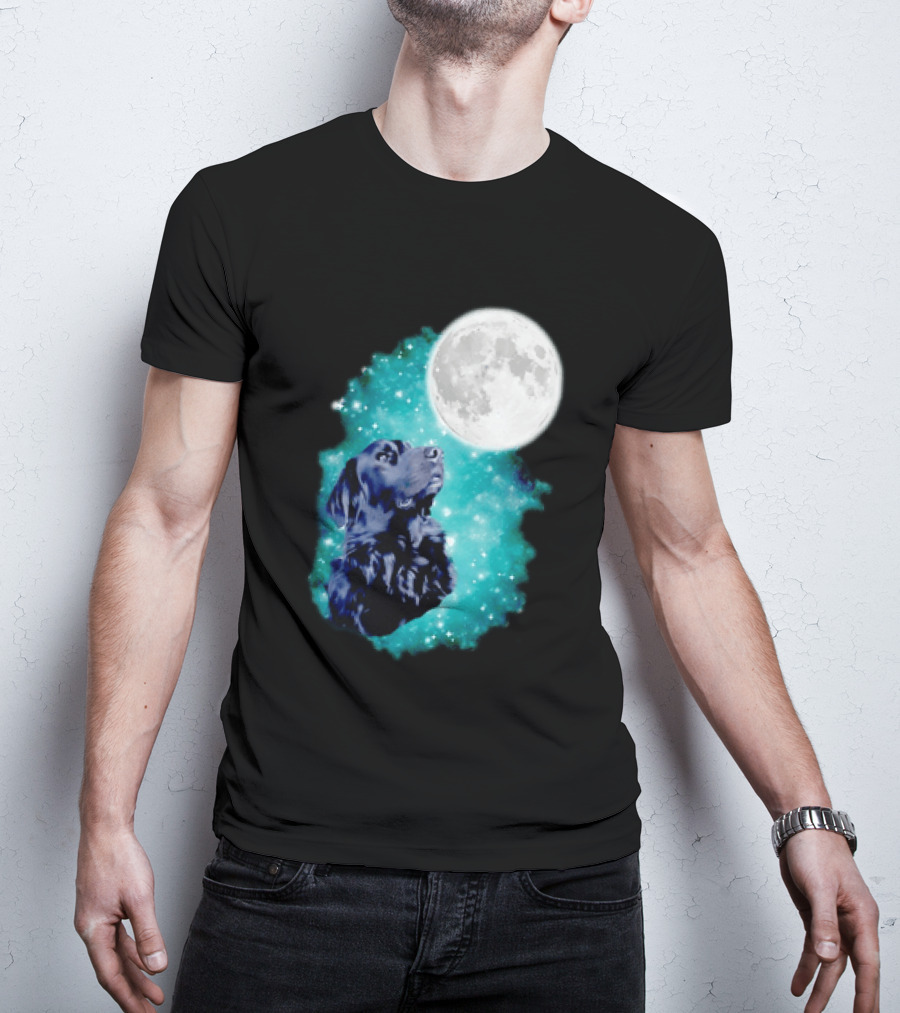 Black Dog Under Moon In Galaxy Space T-Shirt