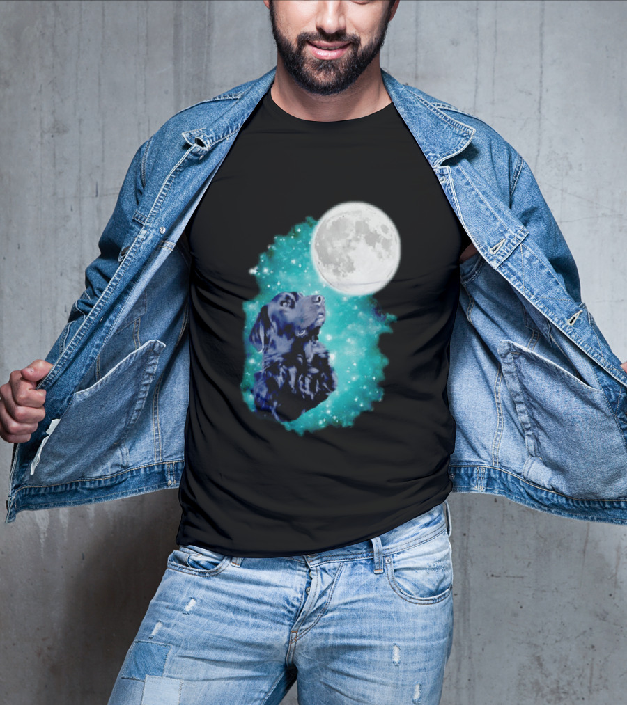 Black Dog Under Moon In Galaxy Space T-Shirt