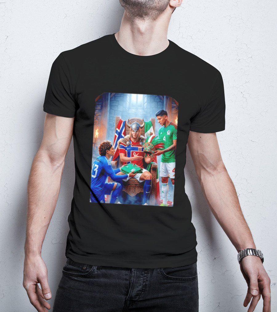 Guillermo Ochoa And Johan Vasquez Offering Mexico Jersey To Viking Erling Haaland With Norway Flag In Throne Room T-Shirt