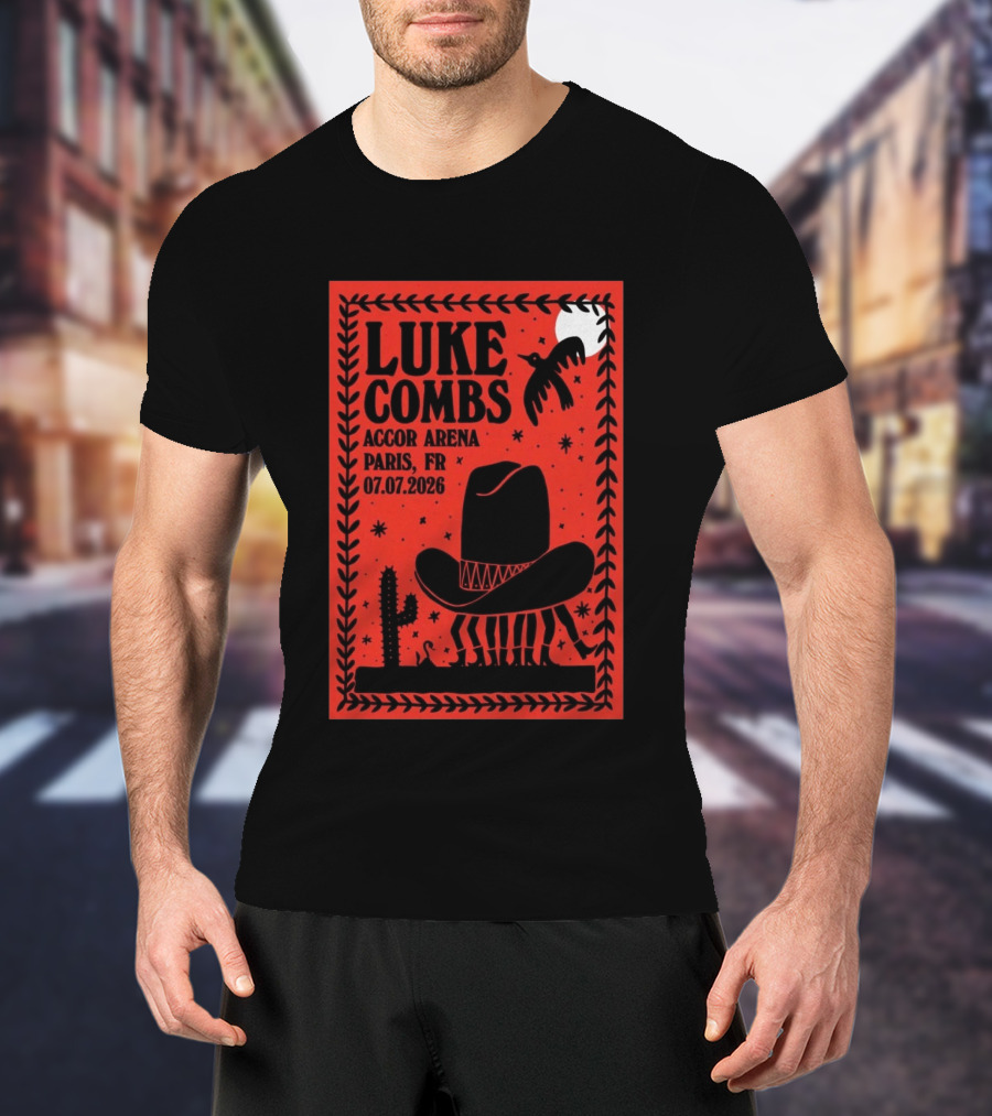 Luke Combs Accor Arena Paris FR 07.07.2026 Cowboy Hat Cactus Moon Desert Scene T-Shirt