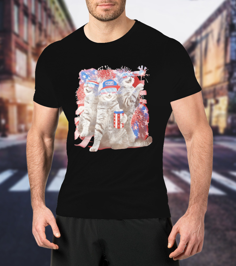 Mew's A Patriotic American Flag Cats Fireworks Party Animal Holiday USA T-Shirt