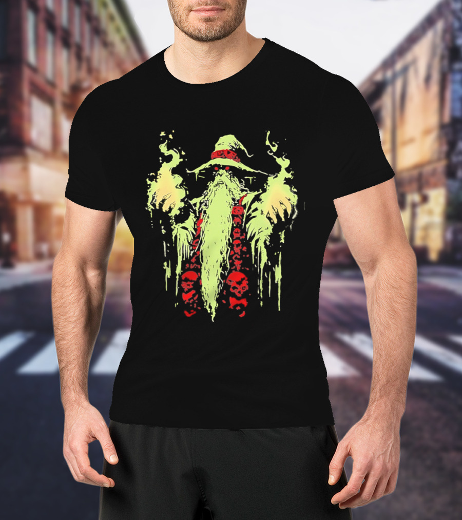 Necromancer Wizard With Glowing Green Fire And Red Skulls T-Shirt