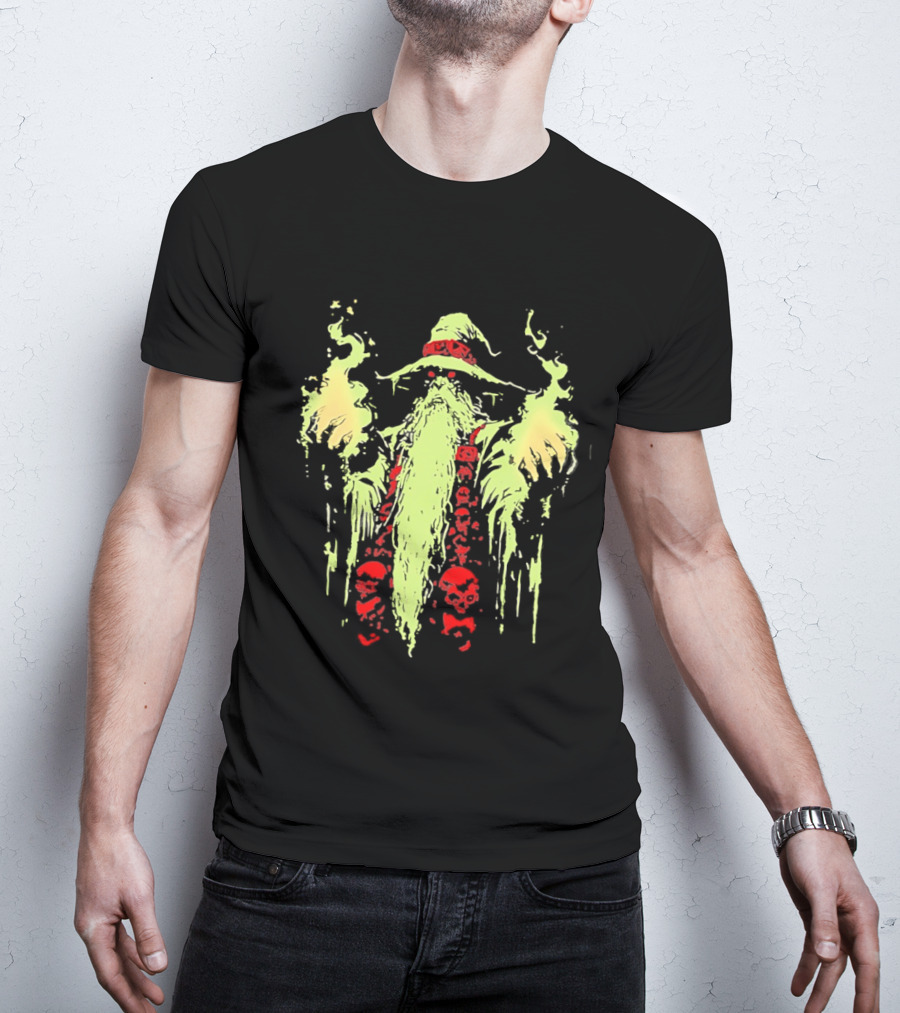 Necromancer Wizard With Glowing Green Fire And Red Skulls T-Shirt