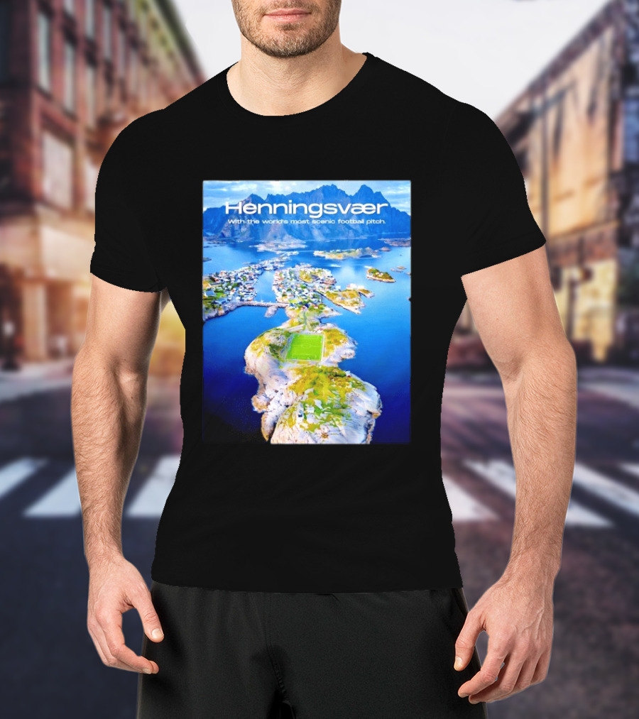 Henningsvaer With The World's Most Scenic Football Pitch Aerial View T-Shirt