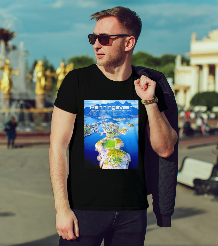 Henningsvaer With The World's Most Scenic Football Pitch Aerial View T-Shirt