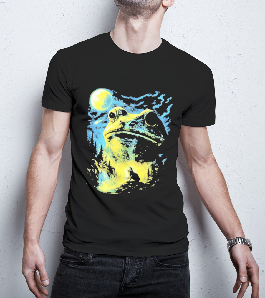 Howling Wolf Frog Moon Night Scene Surreal Fantasy T-Shirt