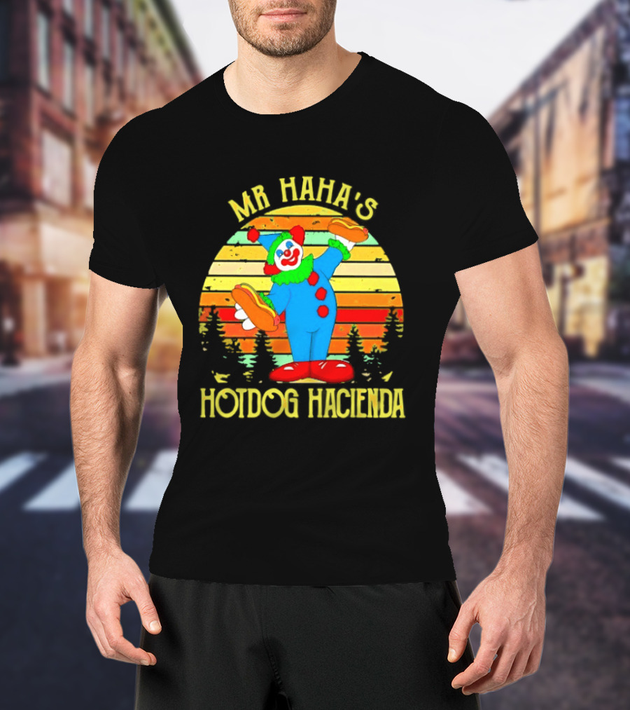 Mr Haha's Hotdog Hacienda Clown In Colorful Costume With Hot Dog T-Shirt
