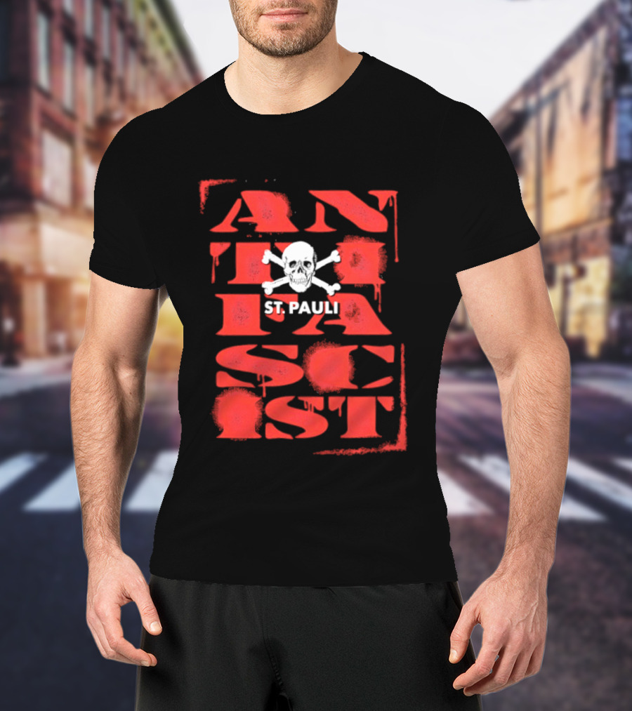St Pauli Anti Fascist Skull Crossbones Stencil T-Shirt