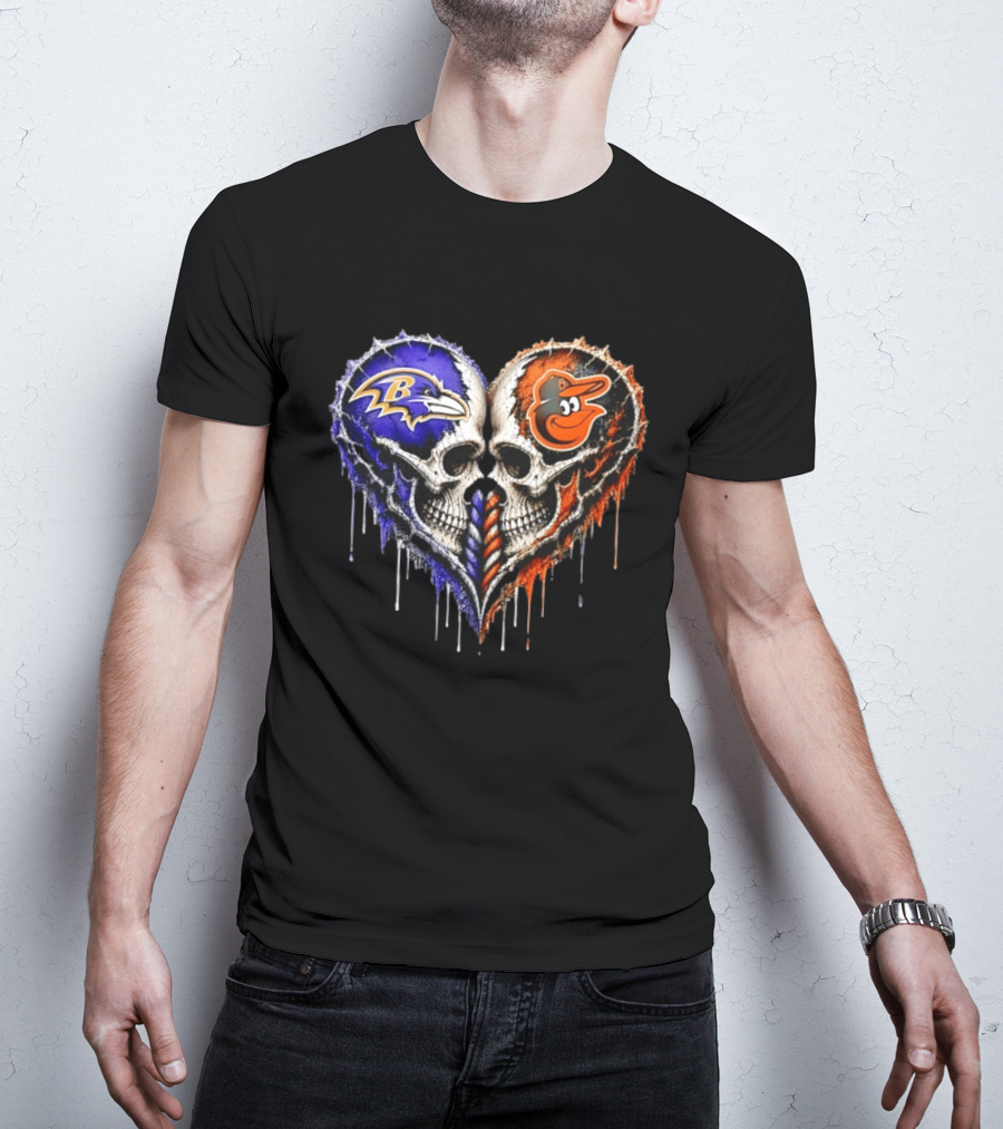Baltimore Ravens And Baltimore Orioles Skull Heart T-Shirt