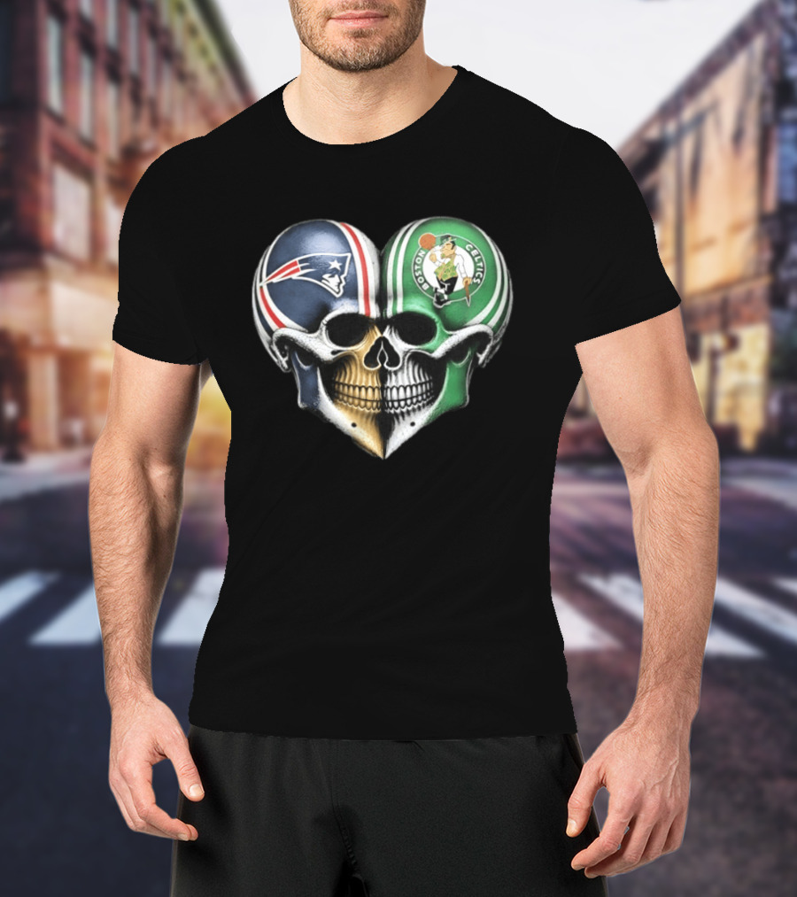 Boston Celtics And New England Patriots Skull Heart T-Shirt