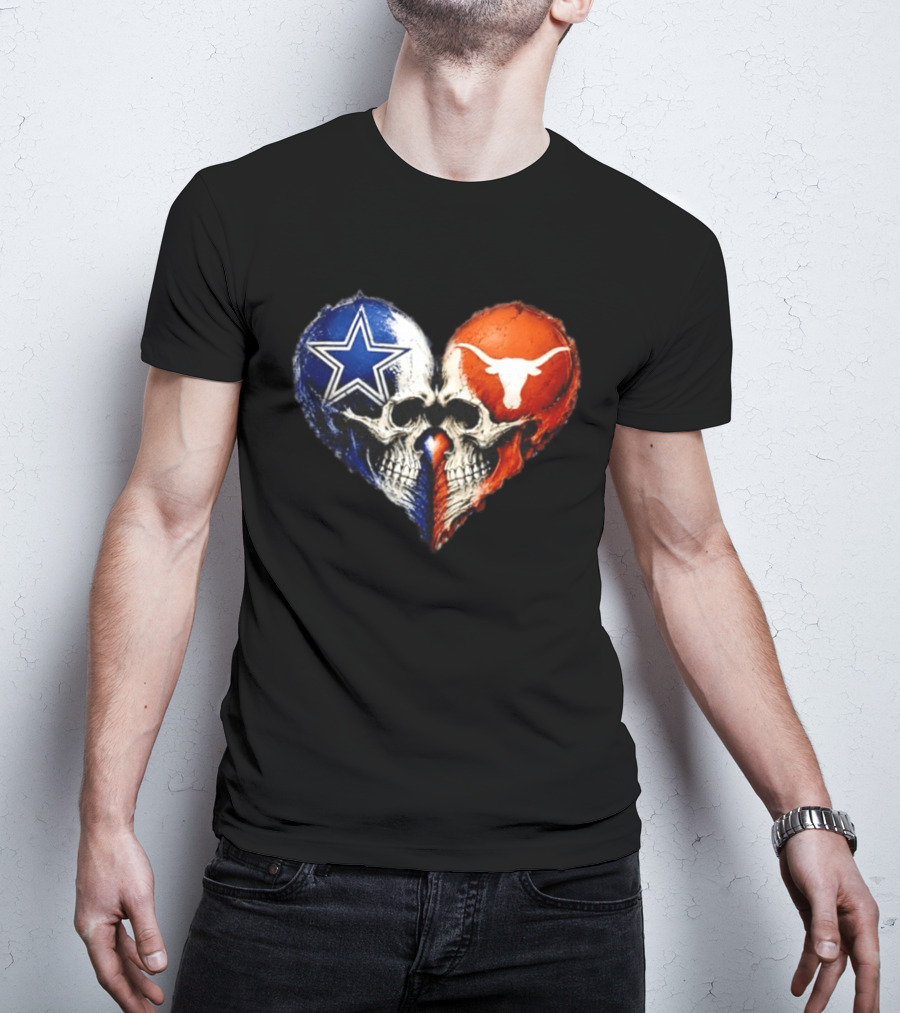 Dallas Cowboys And Texas Longhorns Skulls Heart T-Shirt
