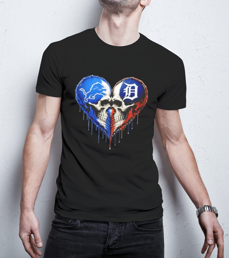 Detroit Lions And Detroit Tigers Skull Heart T-Shirt