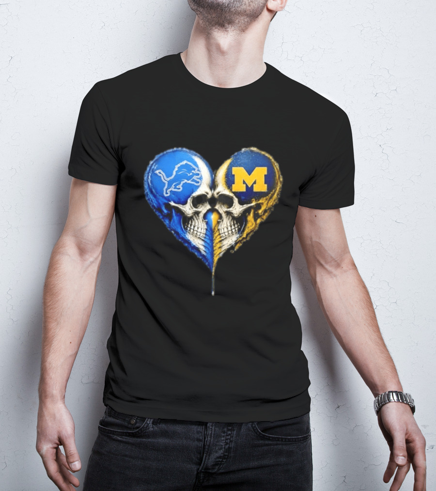 Detroit Lions And Michigan Wolverines Heart Skulls T-Shirt