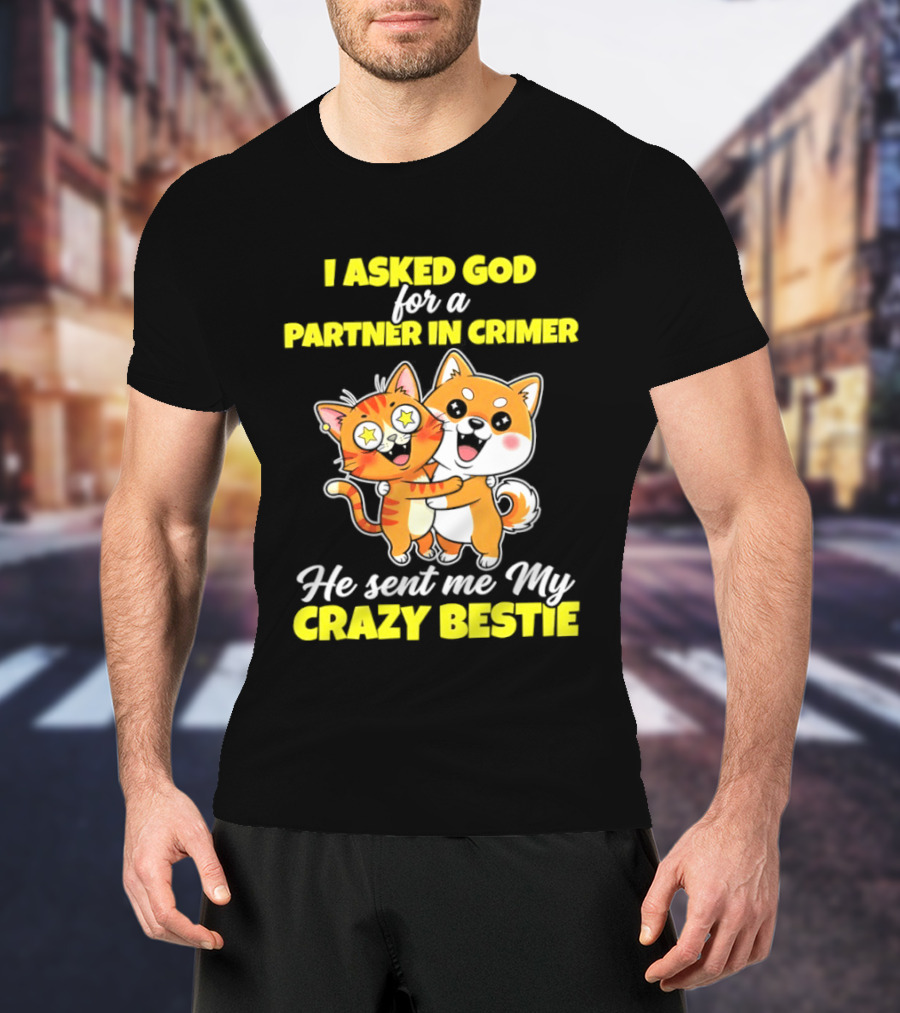 Dog And Cat I Asked God For A Partner In Crime He Sent Me My Crazy Bestie T-Shirt